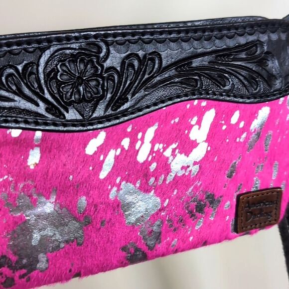 American Darling Fuchsia &Silver Cow Hide/Black Tooled Leather Fringe Crossbody - Picture 5 of 15